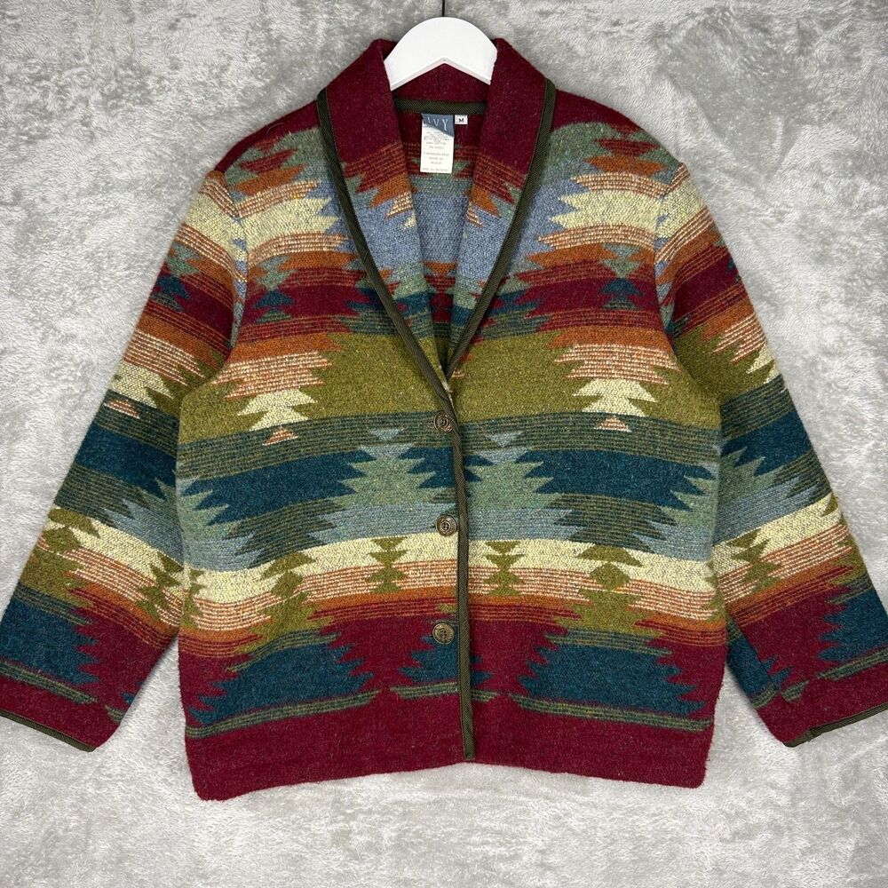 Vtg IVY Jacket Womens Medium Aztec Southwestern Boho Tribal Wool Blend Button